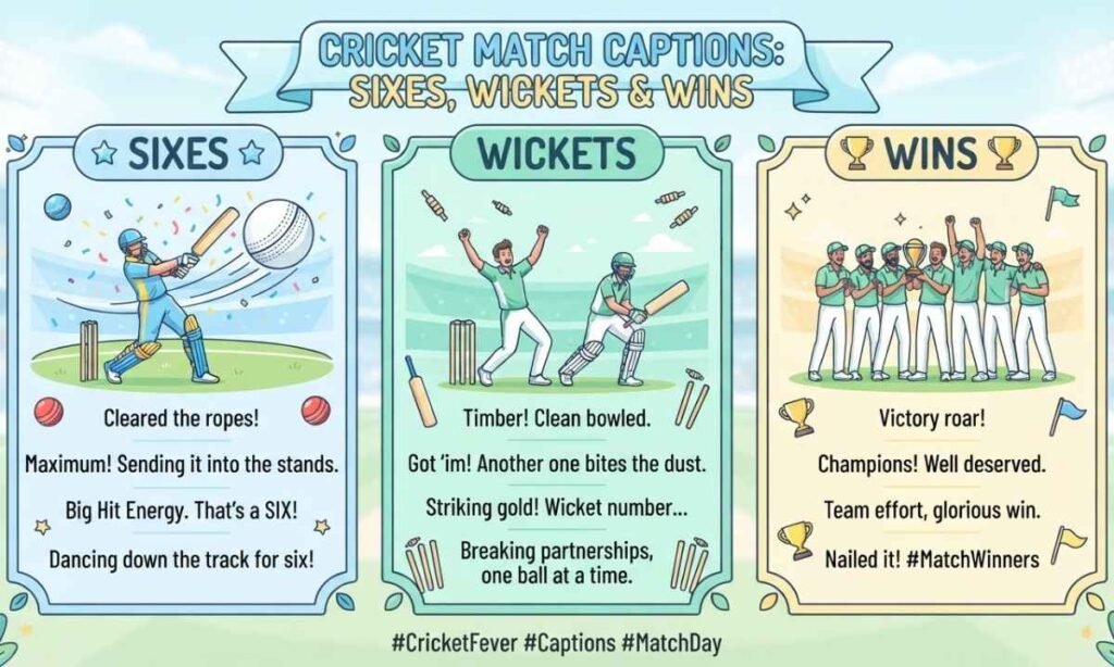 Cricket Match Captions for Sixes, Wickets and Wins